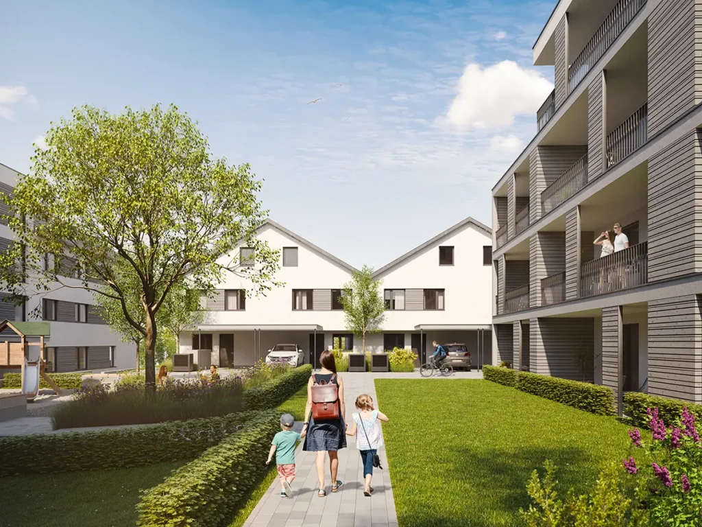 Außenansicht des Innenhofs in Gerstetten – Es handelt sich um ein Rendering.