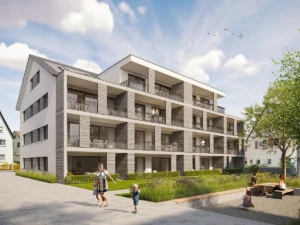 Außenansicht eines Mehrfamilienhauses in Gerstetten. Zu sehen sind die Balkone und Terrassen inklusive eines kleinen Parkareals um das Haus – Es handelt sich um ein Rendering.