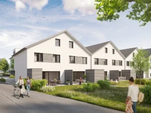 Außenansicht des Gartenbereiches von Doppelhaushälften in Gerstetten – Es handelt sich um ein Rendering.