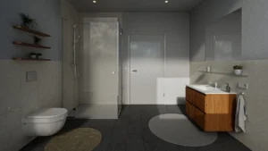Innenansicht eines Badezimmers mit Waschbecken, Toilette und barrierefreier, ebenen Dusche