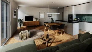 Innenansicht einer Wohnung. Eine Küche, der Wohn- und Essbereich sind in einem Raum.