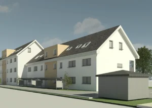 Außenansicht eines Mehrfamilienhauses in Königsbronn – Es handelt sich um ein Rendering.